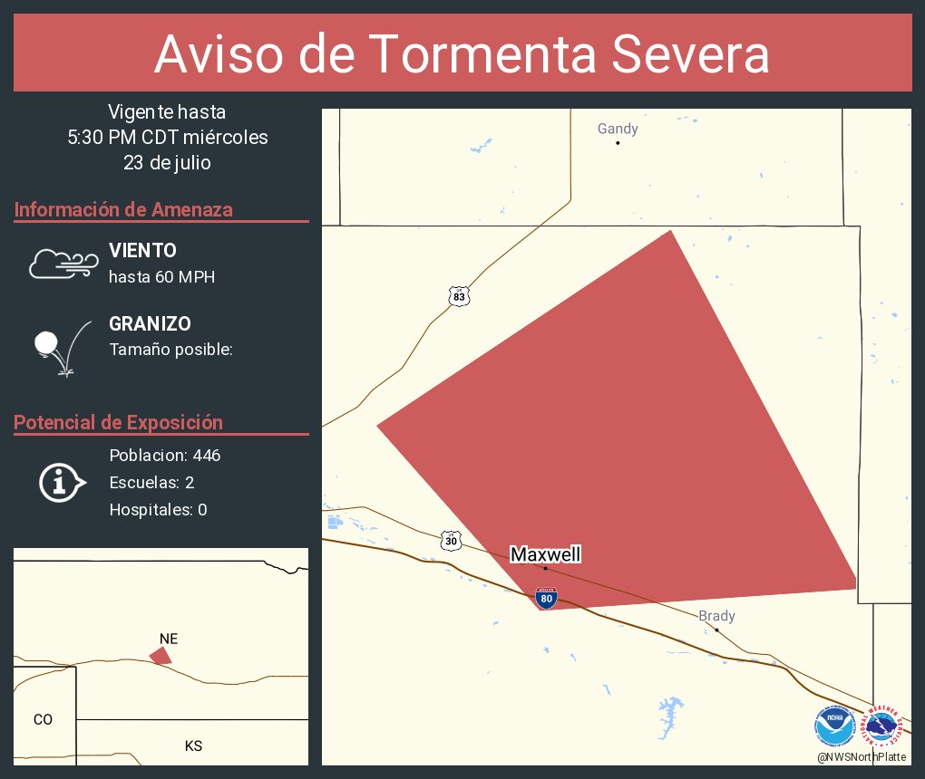 NWSNorthPlatte's tweet image. Aviso de Tormenta Severa incluye Maxwell NE hasta las 5:30 PM CDT