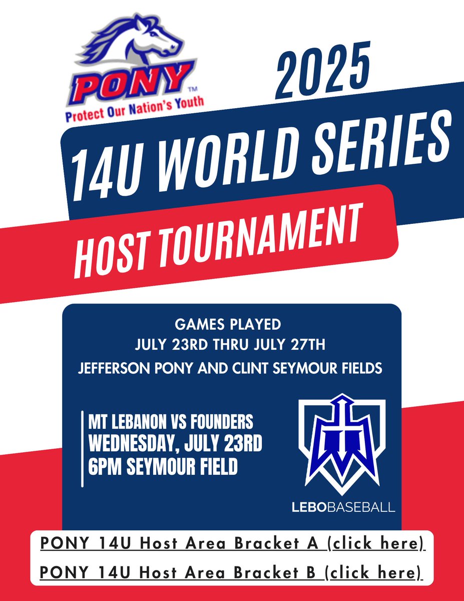 PONY 14U World Series Host Tournament July 23rd thru July 27th, 2025 at Seymour and Jefferson Pony Fields. 
PONY 14U Host Area Bracket A: buff.ly/q4ikINh  
PONY 14U Host Area Bracket B: buff.ly/FnbSWVx