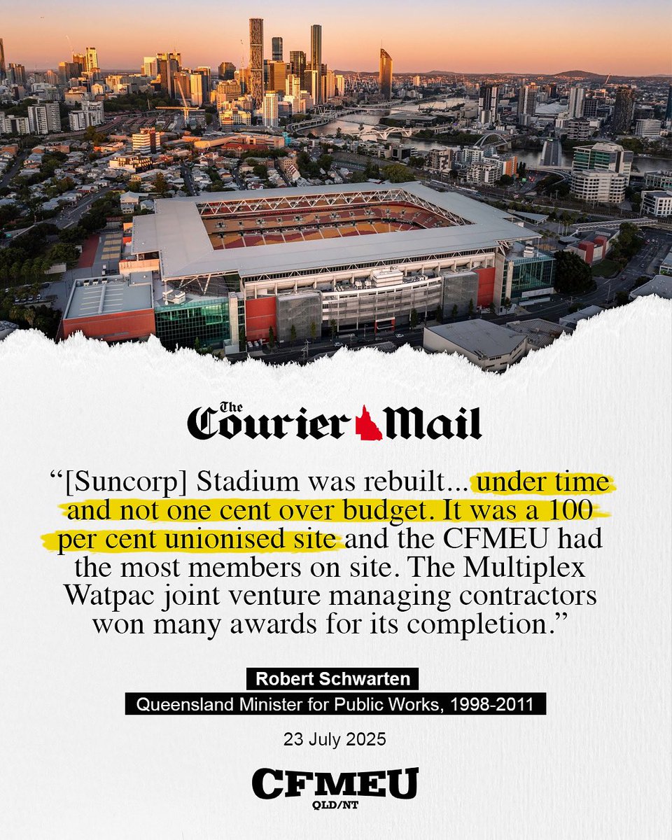 Suncorp Stadium was union built – on time and on budget. 🏟️

A timely reminder by former Queensland Minister for Public Works Robert Schwarten.