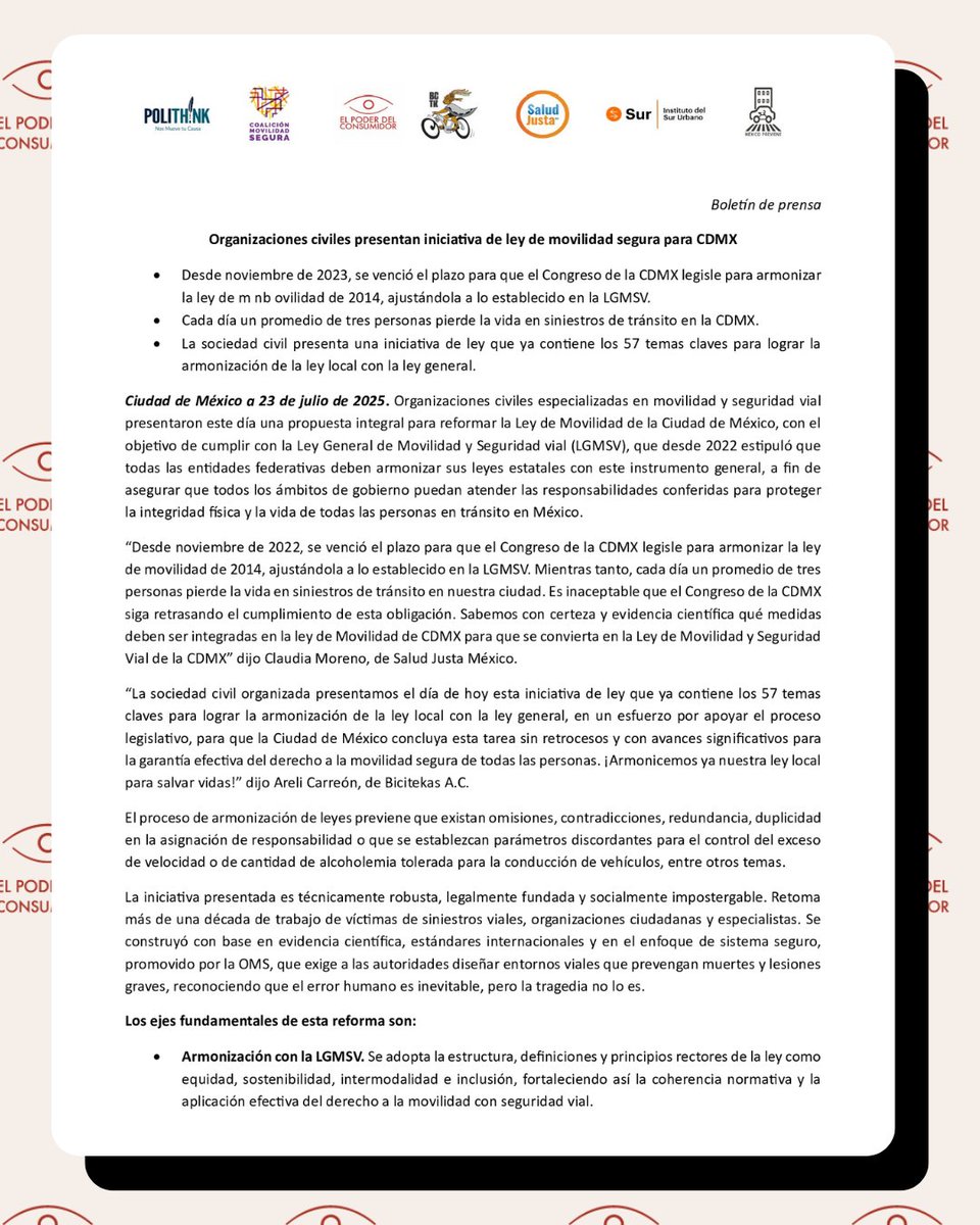 elpoderdelc's tweet image. Las organizaciones El Poder del Consumidor, @polithinkmx, @Bicitekas, @SaludJustaMx, @Mexico_Previene, @SURinstitute y la @CoalicionMS, presentamos hoy una propuesta para reformar la Ley de Movilidad de la #CDMX, para que cumpla con la Ley General de Movilidad y Seguridad vial…
