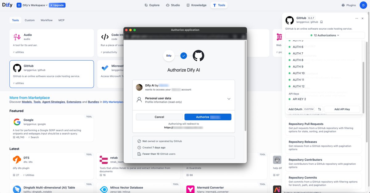 dify_ai's tweet image. 🔥 Dify v1.7.0 is Here!

We&apos;re thrilled to announce two game-changing features that will transform how you work with Plugin:

✨ OAuth 2.0 Support in Tool Plugins

Say goodbye to manual API key management! Simply connect to third-party services with OAuth 2.0 authentication and…
