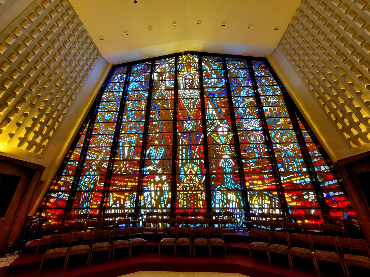 david_shane's tweet image. Dropped in St. Thomas Aquinas on the way home. Pretty unique piece of church stained glass. Spot the atom, rocket, and Sputnik at left.