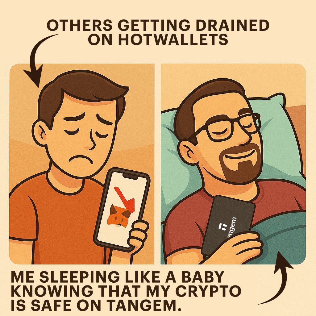 martincsoekoer's tweet image. When hot wallets get too hot to handle…🥵
Meanwhile, I’m just out here sleeping like a baby next to my @Tangem card 😴🔐
No seed phrase. No stress.
Just cold storage that works.
Get yours here and save 10%:
tangem.com/ambassador/MAR…
#Tangem #CryptoSecurity #Hotwallet vs.…
