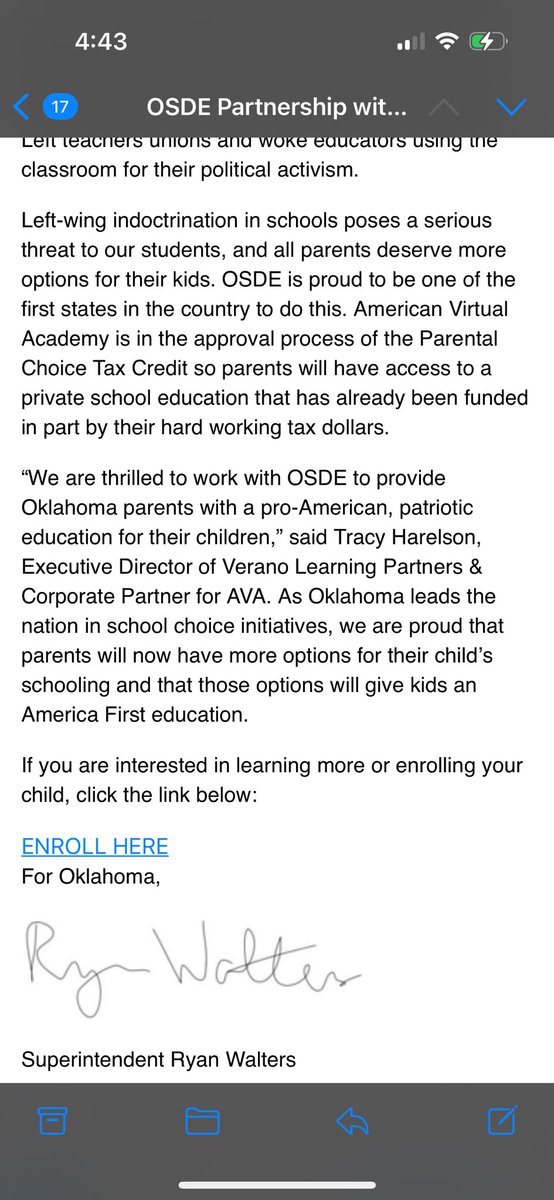 Wendy Suares📺 (@wsuares) on Twitter photo INBOX- OK public school parents got a link from <a href="/RyanWalters_/">Ryan Walters</a> to enroll in American Virtual Academy, a “pro-American, patriotic education.”
Walters says it’s part of his fight against ‘far Left teachers unions and woke educators using the classroom for their political activism’ INBOX- OK public school parents got a link from <a href="/RyanWalters_/">Ryan Walters</a> to enroll in American Virtual Academy, a “pro-American, patriotic education.”
Walters says it’s part of his fight against ‘far Left teachers unions and woke educators using the classroom for their political activism’