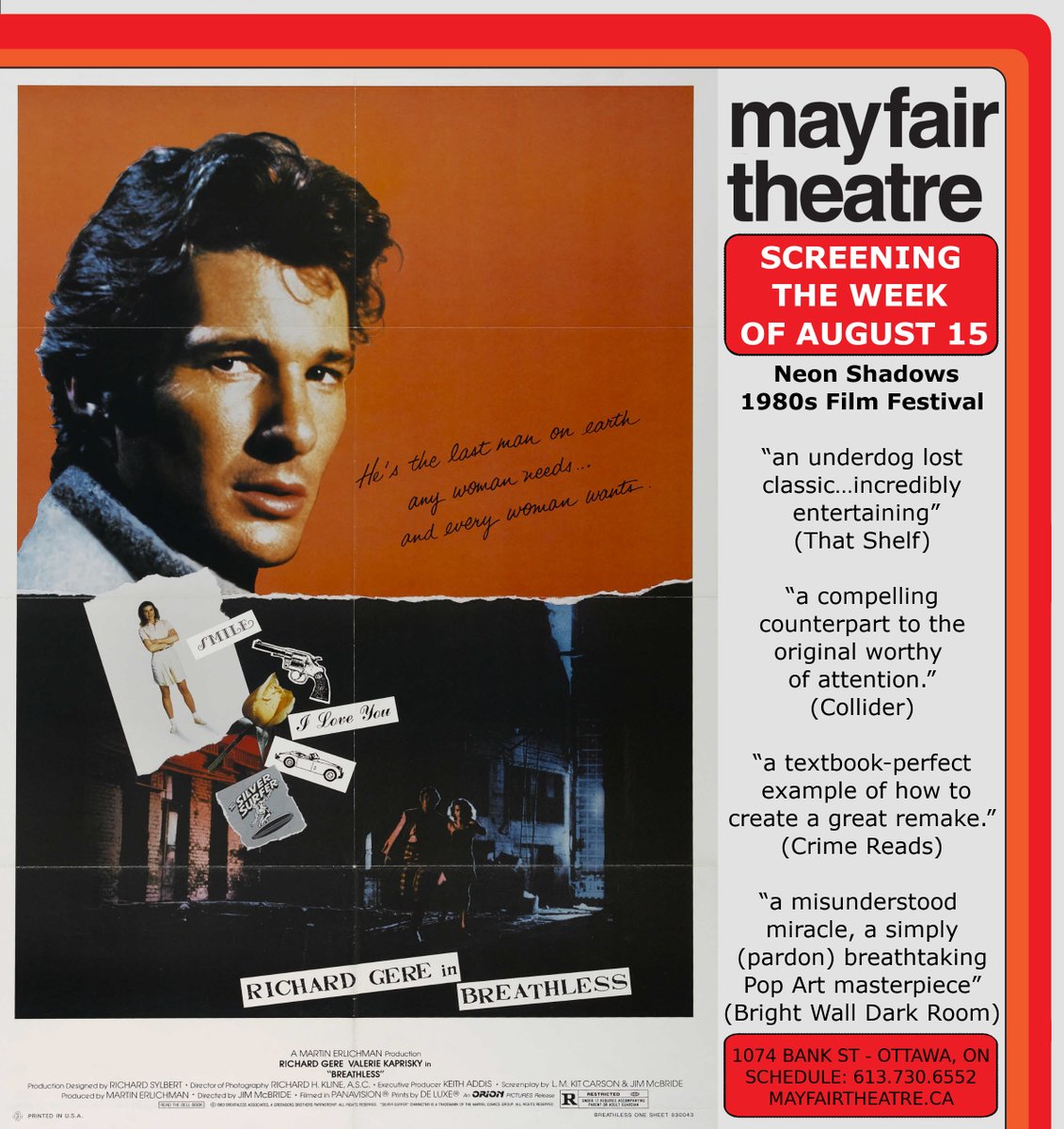 Breathless - Screening the week of August 15!

“an underdog lost classic…incredibly entertaining” (That Shelf)
“a textbook-perfect example of how to create a great remake.” (Crime Reads)
“energetic, imaginative neo-noir…a cult classic.” (Trylon)

mayfairtheatre.ca/movie/breathle…