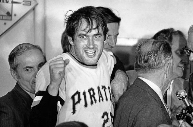 Steve Blass celebrates after winning Game 7 of the 1971 World Series against the Baltimore Orioles at Memorial Stadium on October 17, 1971