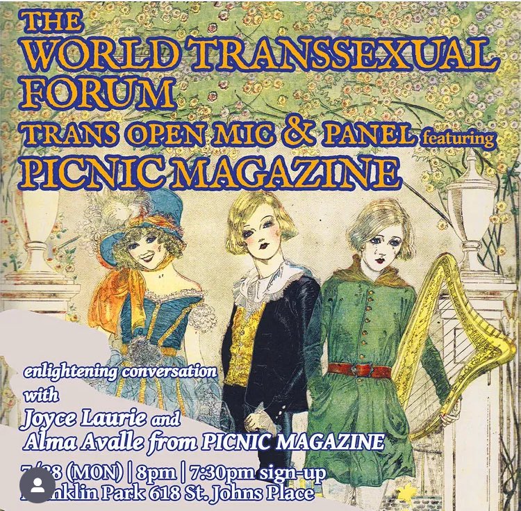 Franklin Park (@franklinparkbk) on Twitter photo MONDAY: An exciting edition of <a href="/WorldTransForum/">World Transsexual Forum Open Mic</a>, hosted by <a href="/TruckLesbian/">Jeanne Thornton</a> <a href="/xerxesverdammt/">Anton</a> and featuring an open mic for trans & nonbinary writers + a discussion panel with Picnic Magazine’s editors! Open mic sign-up 7:30, program at 8. Attendance open to all. #Free #crownheights MONDAY: An exciting edition of <a href="/WorldTransForum/">World Transsexual Forum Open Mic</a>, hosted by <a href="/TruckLesbian/">Jeanne Thornton</a> <a href="/xerxesverdammt/">Anton</a> and featuring an open mic for trans & nonbinary writers + a discussion panel with Picnic Magazine’s editors! Open mic sign-up 7:30, program at 8. Attendance open to all. #Free #crownheights