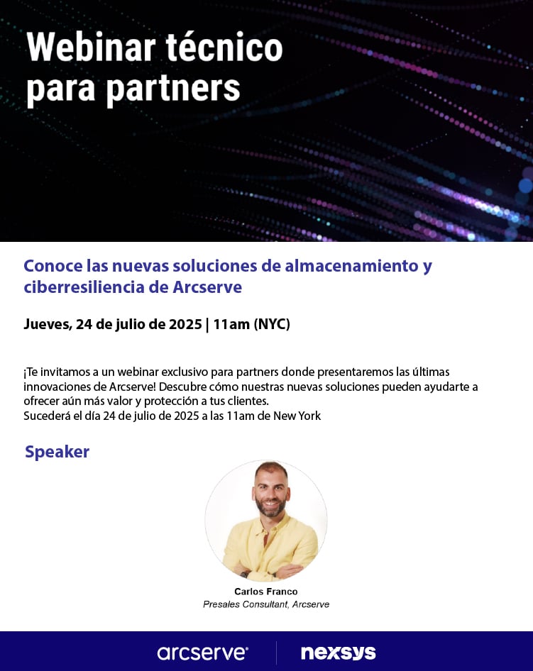 Nexsysla's tweet image. ¡Atención, partners! 🔔
Este 24/07 acompáñanos al #Webinar Técnico de #Arcserve sobre ciberresiliencia y almacenamiento 💾
🕚 11am (NYC) | Con Carlos Franco
🔗 ¡Regístrate ya!
hubs.li/Q03yFJr50

#Ciberseguridad #NexsysLATAM #CanalesTI