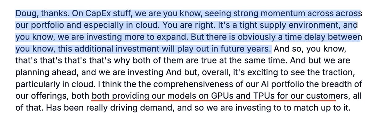rwang07's tweet image. $GOOGL CEO Sundar Pichai on Compute, TPU, and Cloud: "On CapEx stuff, we are you know, seeing strong momentum across across our portfolio and especially in cloud. You are right. It's a tight supply environment, and you know, we are investing more to expand. But there is obviously…