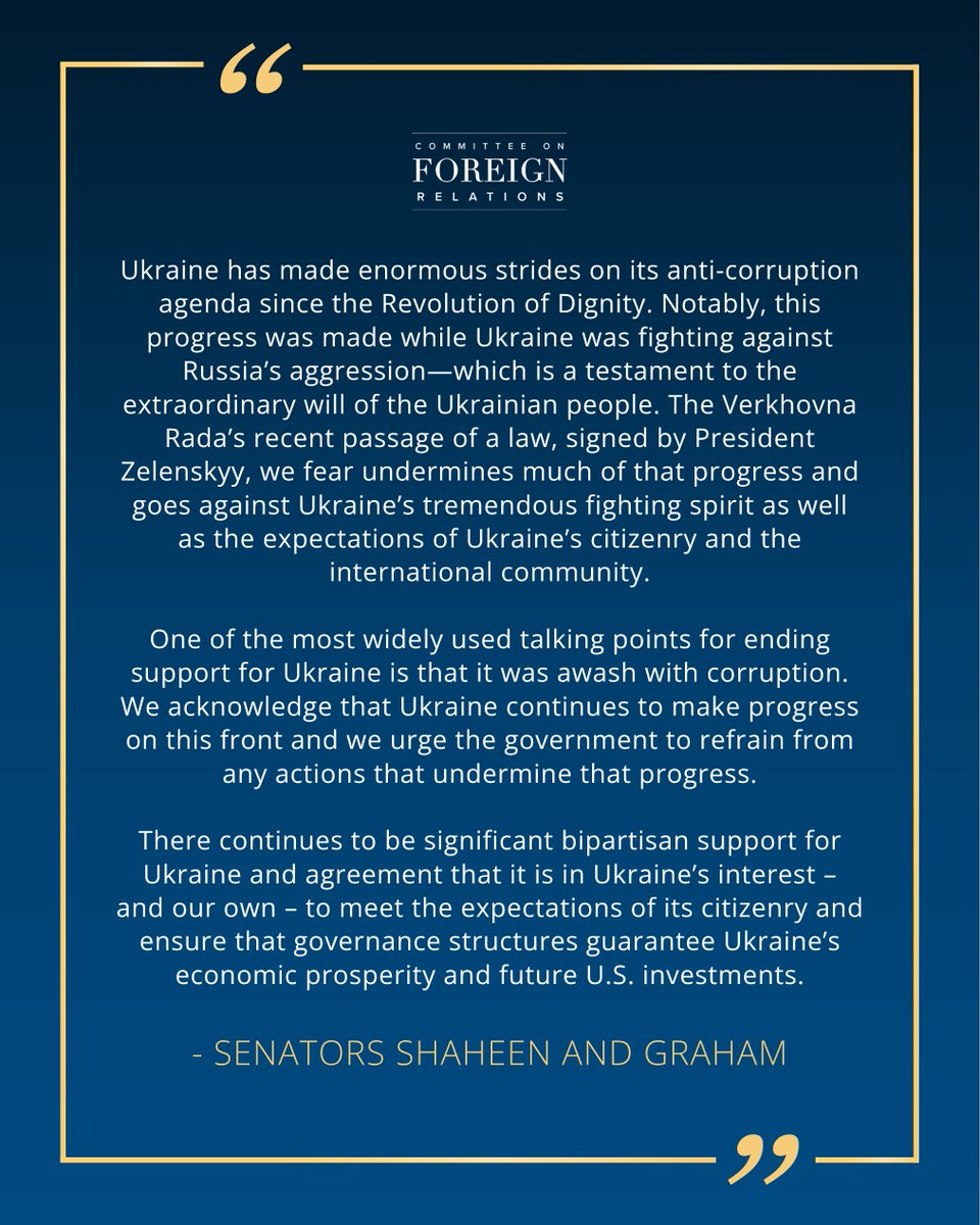 Senate Foreign Relations Committee (@sfrcdems) on Twitter photo Read:
<a href="/SenatorShaheen/">Sen. Jeanne Shaheen</a> and <a href="/LindseyGrahamSC/">Lindsey Graham</a>'s statement after the passage of a law that will undermine Ukraine's critical anti-corruption institutions, including the National Anti-Corruption Bureau of Ukraine and the Specialized Anti-Corruption Prosecutor’s Office ⬇️ Read:
<a href="/SenatorShaheen/">Sen. Jeanne Shaheen</a> and <a href="/LindseyGrahamSC/">Lindsey Graham</a>'s statement after the passage of a law that will undermine Ukraine's critical anti-corruption institutions, including the National Anti-Corruption Bureau of Ukraine and the Specialized Anti-Corruption Prosecutor’s Office ⬇️