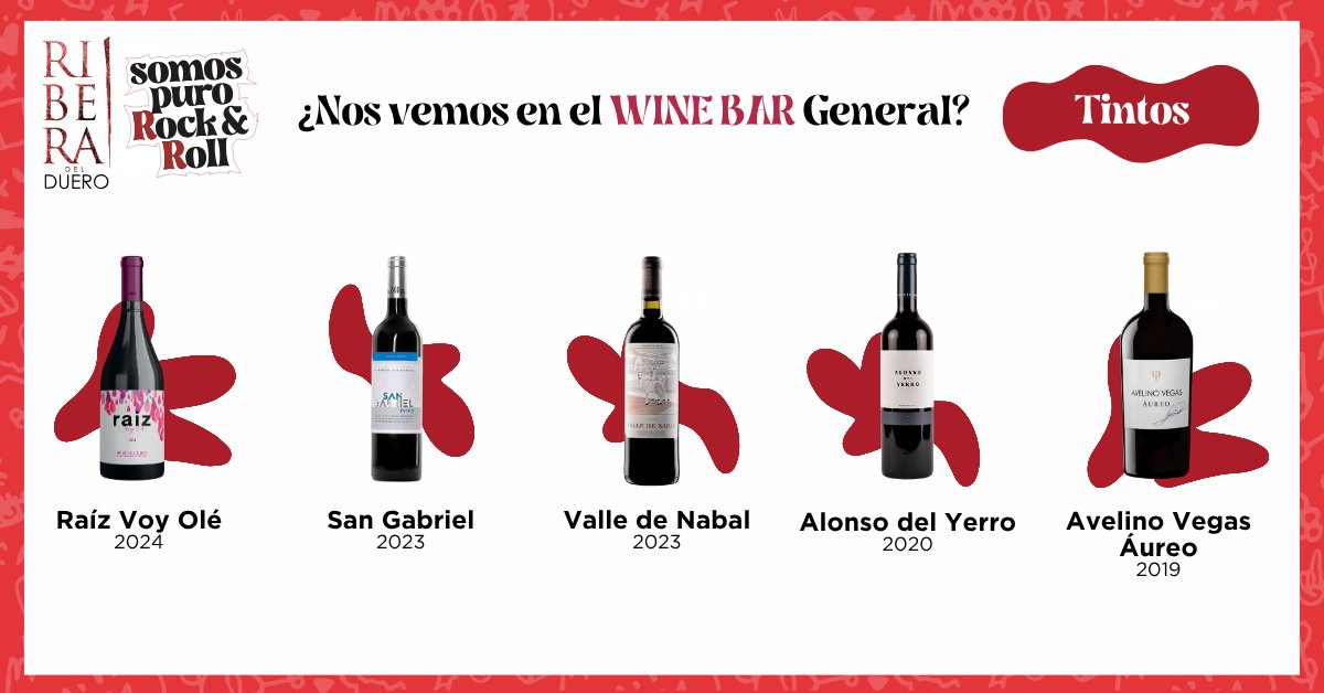 DORibera's tweet photo. 🍷🎸 ¡Prepárate para vivir la experiencia más rockera en el Wine Bar General de Sonorama Ribera del Duero! Somos puro rock and roll y queremos presentarte a las estrellas que subirán al escenario de tu copa reutilizable.

🍇 Tintos: potencia y carácter

🎤 12 Linajes 2023 - Hispano Bodegas @Hispanobodegas 

🎸 Abadía de San Quirce 2023 - Abadía de San Quirce @abadiasanquirce

🎶 Abadía La Arroyada 2024 - Abadía de la Arroyada @Abadialarroyada

🎵 Cantamuda 2024 - Cantamuda @BrionesAnge 

🎧 Avan OAK 2024 - Avan @avanribera 

🥁 Doble R 2023 - Doble R @VinosDobleR

🎷 Cair Cuvée 2022 - Dominio de Cair @DominioDeCair 

🎺 Finca El Empecinado 2023 - Vega Real @barbadillo 

🎼 Finca Villacreces Pruno 2022 - Finca Villacreces @FcaVillacreces 

🎹 Monte Castrillo 2023 - Finca Torremilanos @Torremilanos 

🎤 Portia Roble 2024 - Bodegas Portia @BodegasPortia 

🎸 Raíz Voy Olé 2024 - Bodegas Raíz de Guzmán @VinosRaiz 

🎶 San Gabriel 2023 - San Gabriel @Bodega_SGabriel 

🎵 Valle de Nabal 2023 - Bodegas Nabal @BodegasNabal 

🎧 Lleiroso Crianza 2022 - Bodegas Lleiroso @bodegaslleiroso 

🥁 Alonso del Yerro 2020 - Alonso del Yerro @AlonsodelYerro 

🎷 Avelino Vegas Áureo 2019 - Avelino Vegas @AvelinoVegas