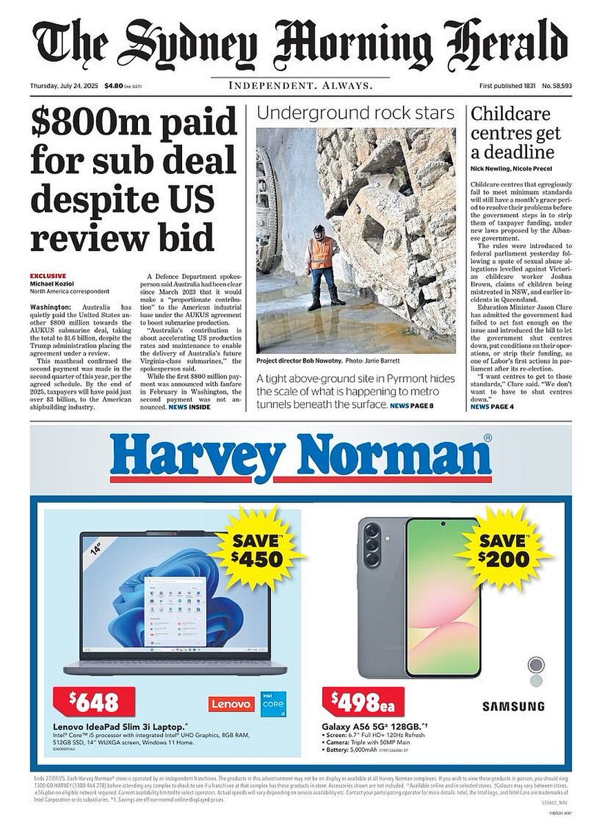 ukpapers's tweet image. π¦πΊ $800m Paid For Sub Deal Despite US Review Bid
β«The second payment, made in the second quarter of this year, takes Australiaβs contribution to the US industrial base to $1.6 billion with no guarantee AUKUS will continue
β«@michaelkoziol
#frontpagestoday #Australia @smh