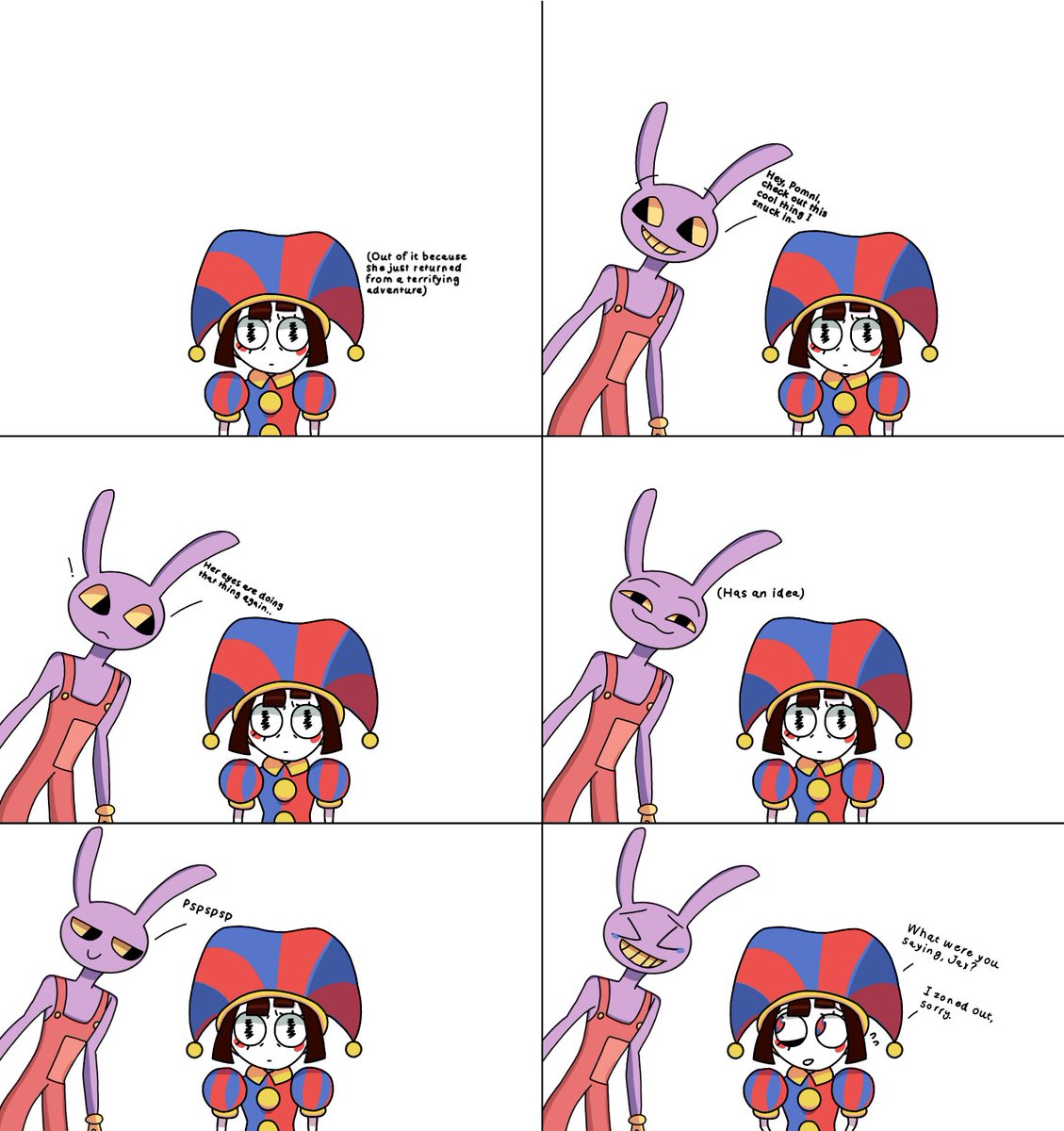 HauntedHazbin's tweet image. Zoning out (read from left to right) #TheAmazingDigitalCircus #funnybunny #JaxxPomni