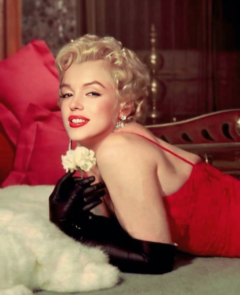 MarilynDiary's tweet image. Marilyn Monroe in a red lace dress and black leather gloves, photographed by Gene Lester, 1956