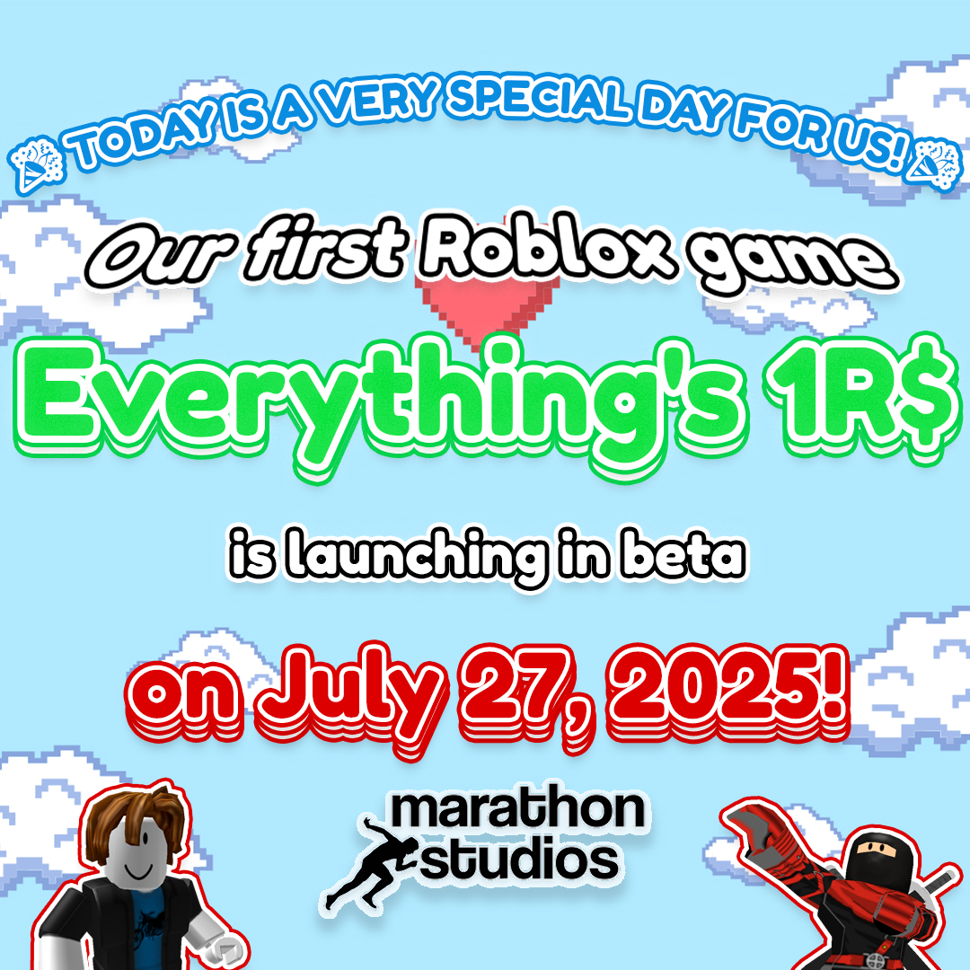 marathonstudiox's tweet image. 🎉 Big news from Marathon Studios! 🎉
Tired of overpriced, pay-to-win games? So were we.
That’s why we made Everything’s 1R$!
Where everything costs just 1 Robux.
Fun, fair, and for everyone. 🥳
Beta launches on July 27, 2025! 💸
#roblox #everything1rb