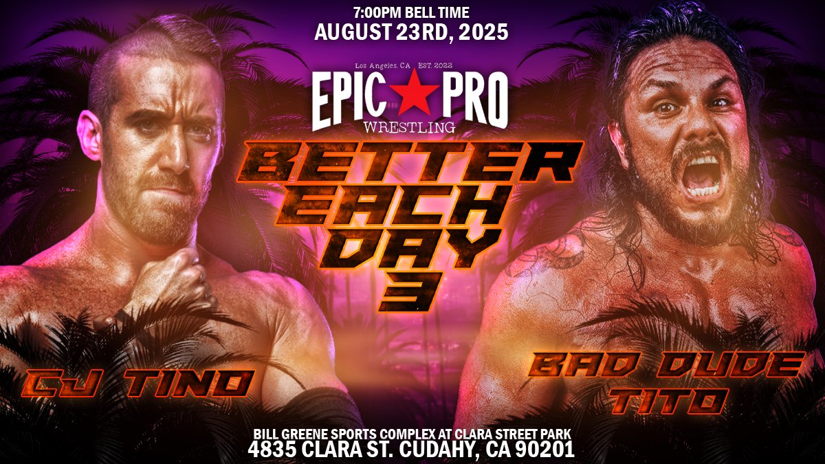 EpicProLA's tweet image. 🚨MATCH ANNOUNCEMENT🚨
CJ Tino makes his Epic Pro Main Card debut against Bad Dude Tito at Better Each Day 3 on August 23rd in Los Angeles!
🎟 bettereachday3.eventbrite.com