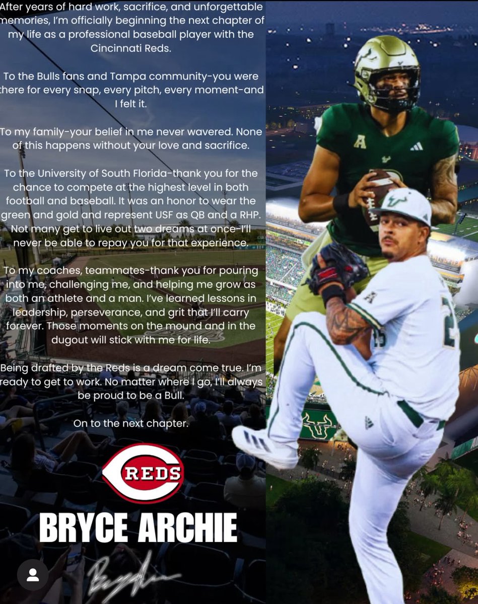 RiedellAndrew's tweet image. Bryce Archie has announced he will be signing with the Reds and he will not be playing football at USF this fall.