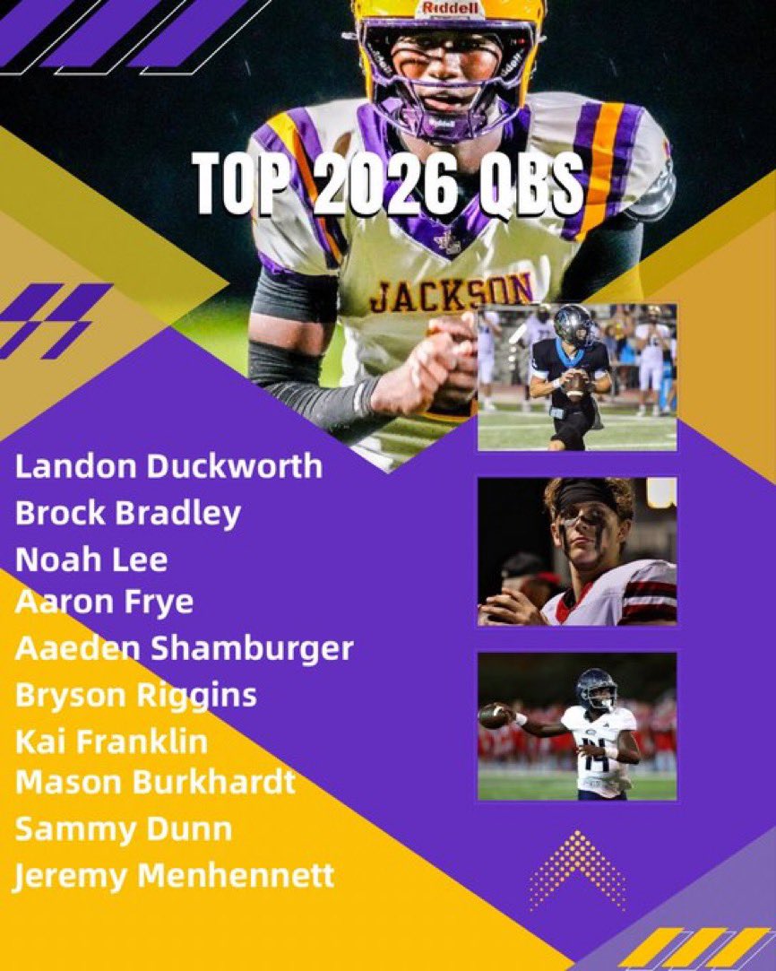 Larry Rudolph (@scoutfball) on Twitter photo 🚨Top 2026 Quarterbacks in the State of Alabama <a href="/DownSouthFb1/">Down South</a> <a href="/helmet2helmt251/">Helmet2Helmet251</a>
<a href="/LandonDuckworth/">Landon “DUCK🦆” Duckworth</a> <a href="/brockbradley_5/">Brock Bradley</a> <a href="/noahleeqb/">✟ Noah Lee 3⭐️QB</a> <a href="/1Fryee/">Aaron Frye</a> <a href="/AadenShamburger/">Aaden “SHAZZAM” Shamburger</a> <a href="/brysonriggins13/">Bryson “B rigg” Riggins</a> <a href="/KaiFranklin14/">Kai Franklin</a> <a href="/MasonQB15/">Mason Burkhardt 2026 3⭐️ QB</a> <a href="/SamuelLDunn11/">Sammy Dunn</a> <a href="/jmenhennett8808/">Jeremy Menhennett QB1</a> 🚨Top 2026 Quarterbacks in the State of Alabama <a href="/DownSouthFb1/">Down South</a> <a href="/helmet2helmt251/">Helmet2Helmet251</a>
<a href="/LandonDuckworth/">Landon “DUCK🦆” Duckworth</a> <a href="/brockbradley_5/">Brock Bradley</a> <a href="/noahleeqb/">✟ Noah Lee 3⭐️QB</a> <a href="/1Fryee/">Aaron Frye</a> <a href="/AadenShamburger/">Aaden “SHAZZAM” Shamburger</a> <a href="/brysonriggins13/">Bryson “B rigg” Riggins</a> <a href="/KaiFranklin14/">Kai Franklin</a> <a href="/MasonQB15/">Mason Burkhardt 2026 3⭐️ QB</a> <a href="/SamuelLDunn11/">Sammy Dunn</a> <a href="/jmenhennett8808/">Jeremy Menhennett QB1</a>