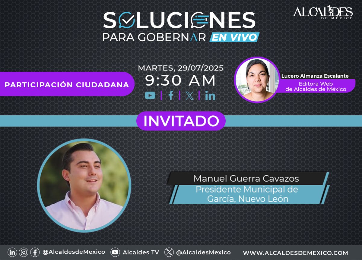 Alcaldes de México (@alcaldesmexico) on Twitter photo Acompáñanos en nuestra serie #SolucionesParaGobernar este 29 de julio con <a href="/ManuelGuerraCav/">Manuel Guerra Cavazos</a>, Presidente Municipal de García, #NuevoLeón. ¡Te esperamos! Acompáñanos en nuestra serie #SolucionesParaGobernar este 29 de julio con <a href="/ManuelGuerraCav/">Manuel Guerra Cavazos</a>, Presidente Municipal de García, #NuevoLeón. ¡Te esperamos!