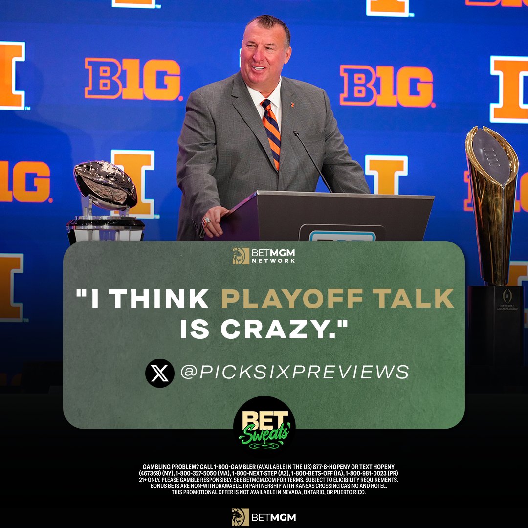 Bet_Sweats's tweet image. Are Illinois fans getting ahead of themselves?
@PickSixPreviews believes the Fighting Illini already hit their ceiling last season — and regression is on the horizon. 😬
Want more CFB insights? Catch Brett’s full segment with @JoeOstrowski & @spshoot ➡️ spr.ly/6001fJDLF