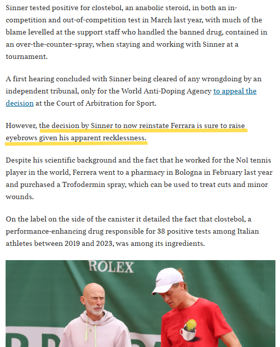 CristinaNcl's tweet image. Jannik Sinner rehires fitness coach he sacked after positive drugs test
the decision by Sinner to now reinstate Ferrara is sure to raise eyebrows given his apparent recklessness.
(The Times)
thetimes.com/sport/tennis/a…