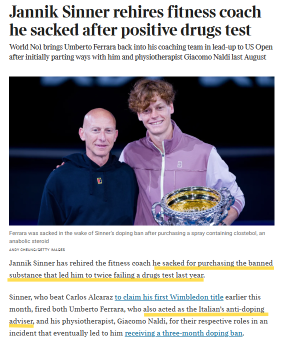 CristinaNcl's tweet image. Jannik Sinner rehires fitness coach he sacked after positive drugs test
the decision by Sinner to now reinstate Ferrara is sure to raise eyebrows given his apparent recklessness.
(The Times)
thetimes.com/sport/tennis/a…