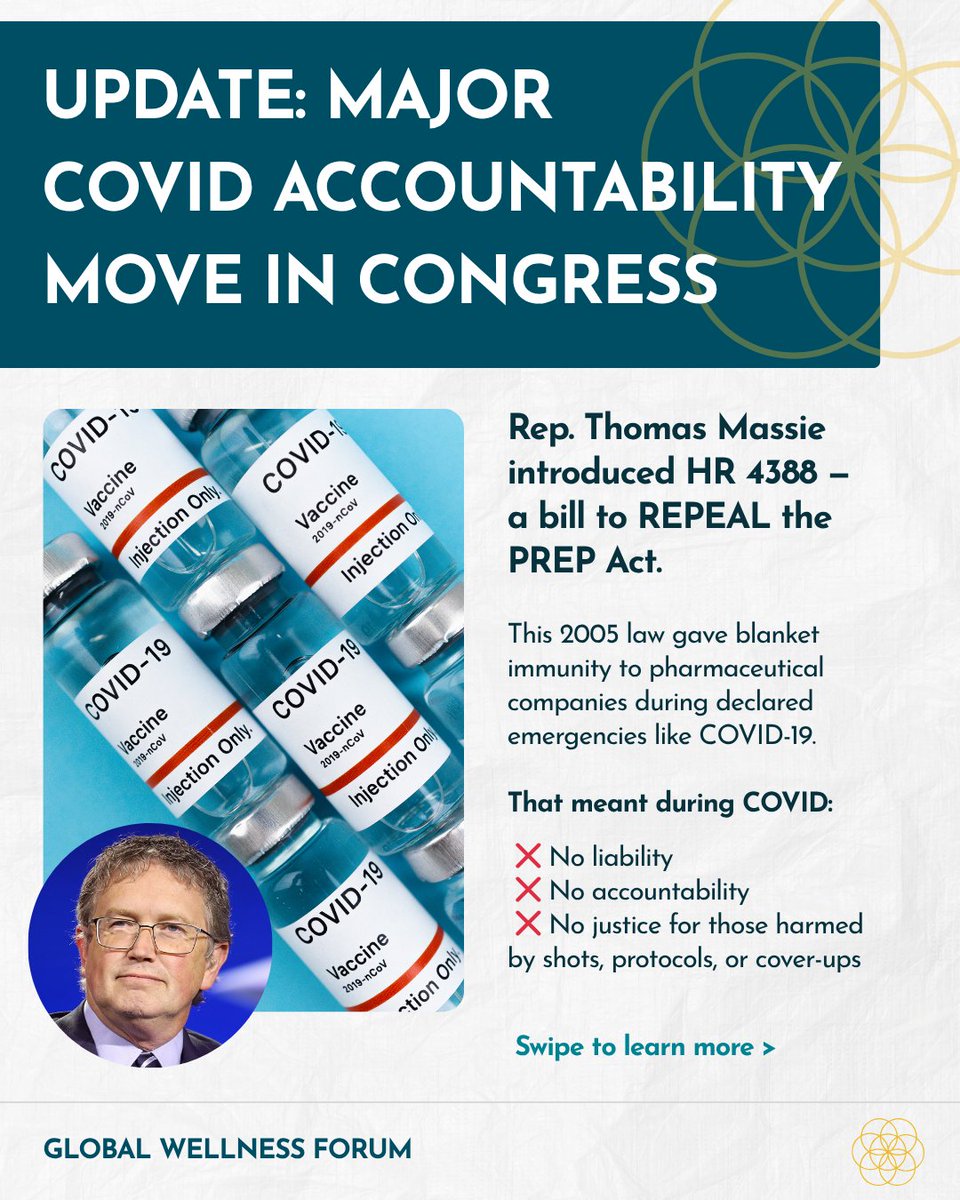 G_W_Forum's tweet image. 🚨 MAJOR COVID ACCOUNTABILITY UPDATE 🚨
Rep. Thomas Massie introduced HR 4388 — a bill to REPEAL the PREP Act, which gave pharmaceutical companies blanket immunity during COVID-19.
What that meant:
No liability
No accountability
No justice for injuries, cover-ups, or coercion…