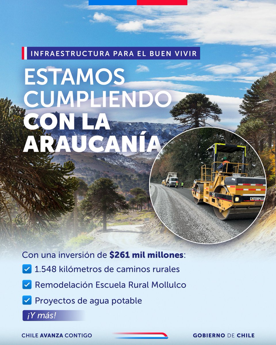 ¡La Araucanía avanza con hechos!

Esta región concentra la mayor participación del Programa de Infraestructura para el Buen Vivir con $261 mil millones de pesos, para seguir mejorando la vida de las familias con obras públicas, diálogo y justicia social 🇨🇱
