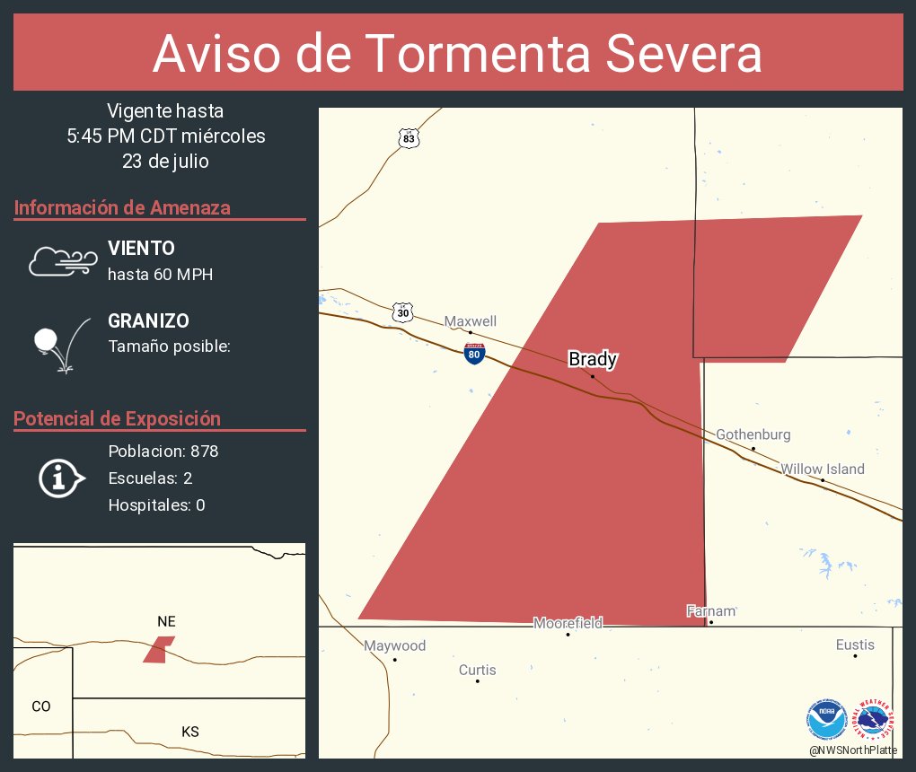 NWSNorthPlatte's tweet image. Aviso de Tormenta Severa incluye Brady NE hasta las 5:45 PM CDT