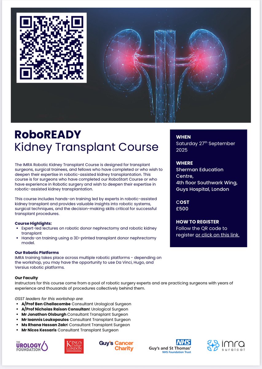 benchallacombe's tweet image. Book our next courses in September 2026. RoboREADY Renal Transplant & RoboSTART. With thanks to industry partners. Inspiring the next robosurgeons @IMRASurgical @IntuitiveSurg @TouchSurgery @CMRSurgical @VirtaMed @SurgicalScience @rhz59 @NicholasRaison @CityUrology @GuysUrology