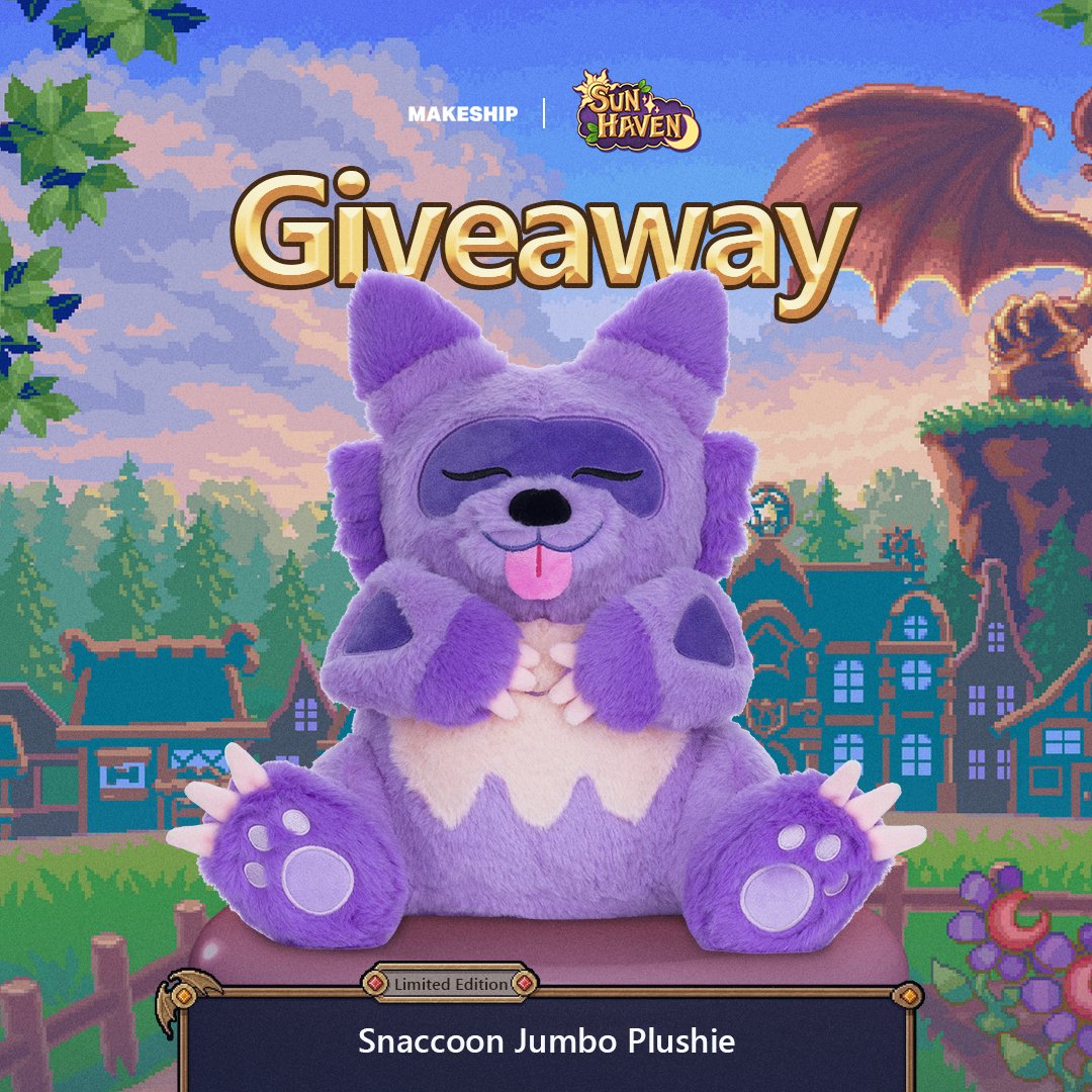 SunHavenRPG's tweet image. It’s giveaway time! We’re giving you the chance to win 1 of 2 Snaccoon jumbo plushies 🎉
How to enter?
1. Follow @Makeship & @SunHavenRPG
2. RT this post
Contest ends on July 31st. Good luck! 🌱🍎
