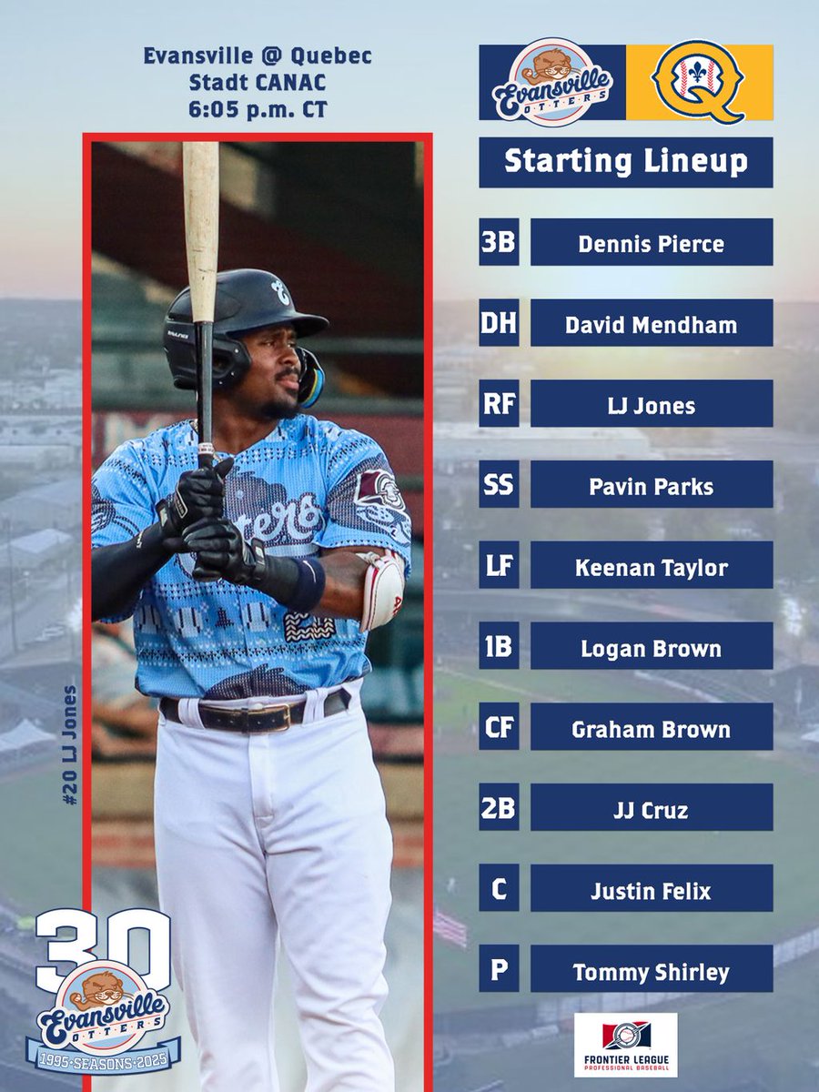 EvilleOtters's tweet photo. The #Starting9 as we go for the series middle game! First pitch at 6:05 p.m. CT!
#Otters30th https://t.co/54yRIlkE5c