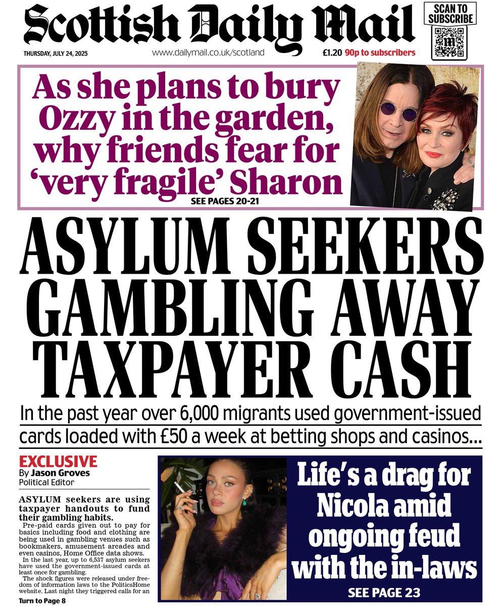 MailOnlineScot's tweet image. 🗞️Thursday's Scottish Daily Mail front page: Asylum seekers gambling away taxpayer cash
#TomorrowsPapersToday #scotpapers
👉 Read more on #MailOnline dailymail.co.uk/scotland