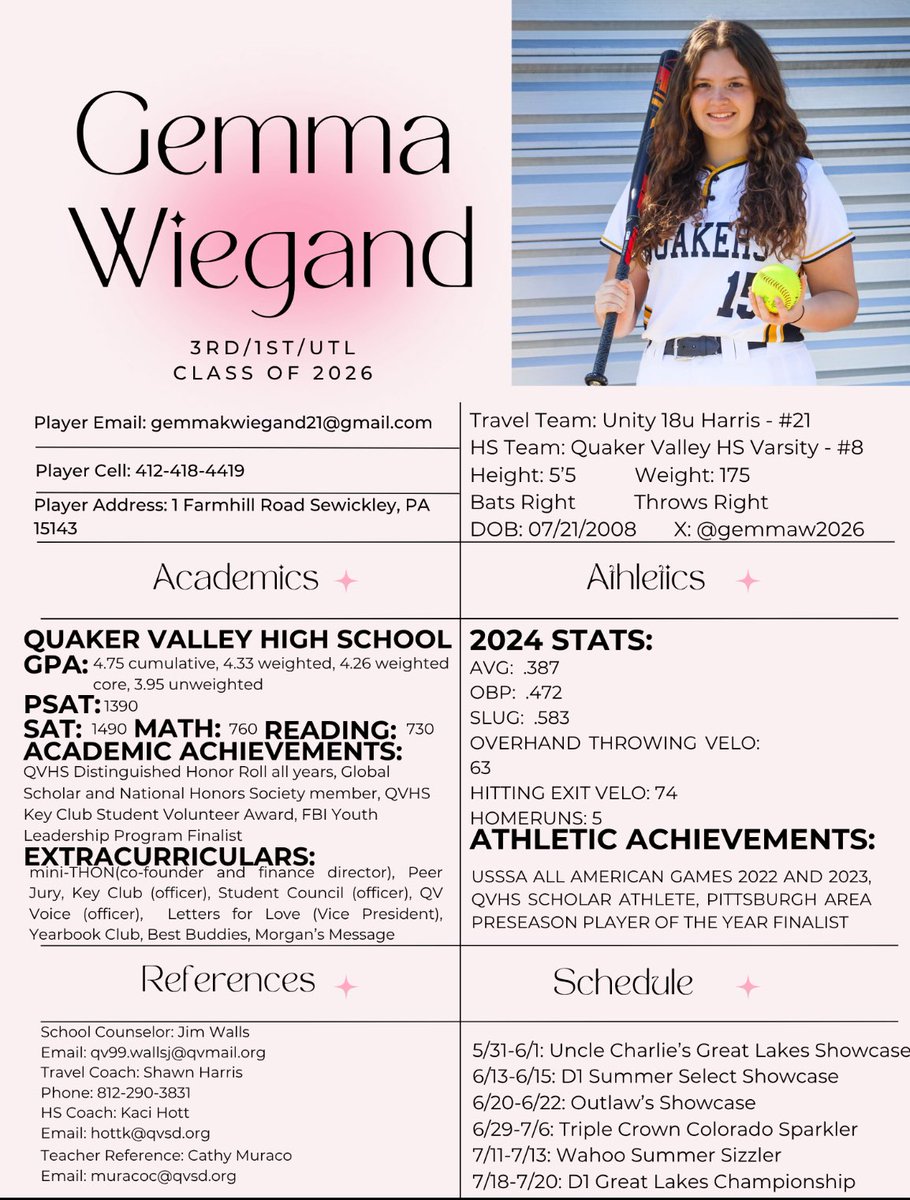gemmaw2026's tweet photo. Updated recruiting profile and fall schedule! So excited to continue playing with my @unity_07cincy team! @VAUnitySB @ChicagoSoftball @CornellSoftball @BrownU_Softball https://t.co/T5advrPENE