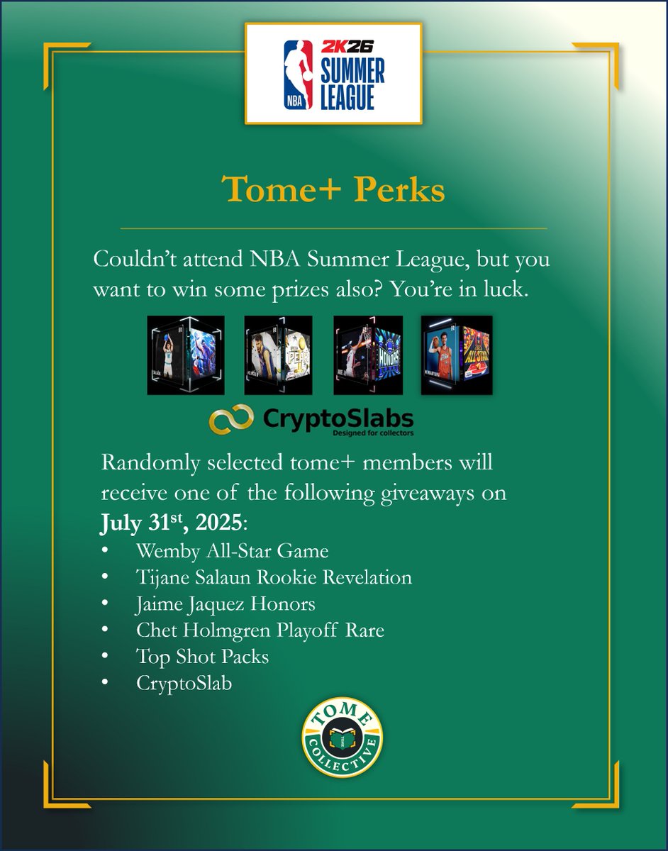 Tome Collective (@tomecollective) on Twitter photo We've officially reached 380 lifetime orders for tome+ memberships!
As a reminder, we will take a snapshot on July 31st for all active members. We will randomly draw from this pool for various prizes including <a href="/CryptoSlabs/">CryptoSlabs</a>, <a href="/NBATopShot/">NBA Top Shot</a> moments (including a Tidjane Saluan We've officially reached 380 lifetime orders for tome+ memberships!
As a reminder, we will take a snapshot on July 31st for all active members. We will randomly draw from this pool for various prizes including <a href="/CryptoSlabs/">CryptoSlabs</a>, <a href="/NBATopShot/">NBA Top Shot</a> moments (including a Tidjane Saluan