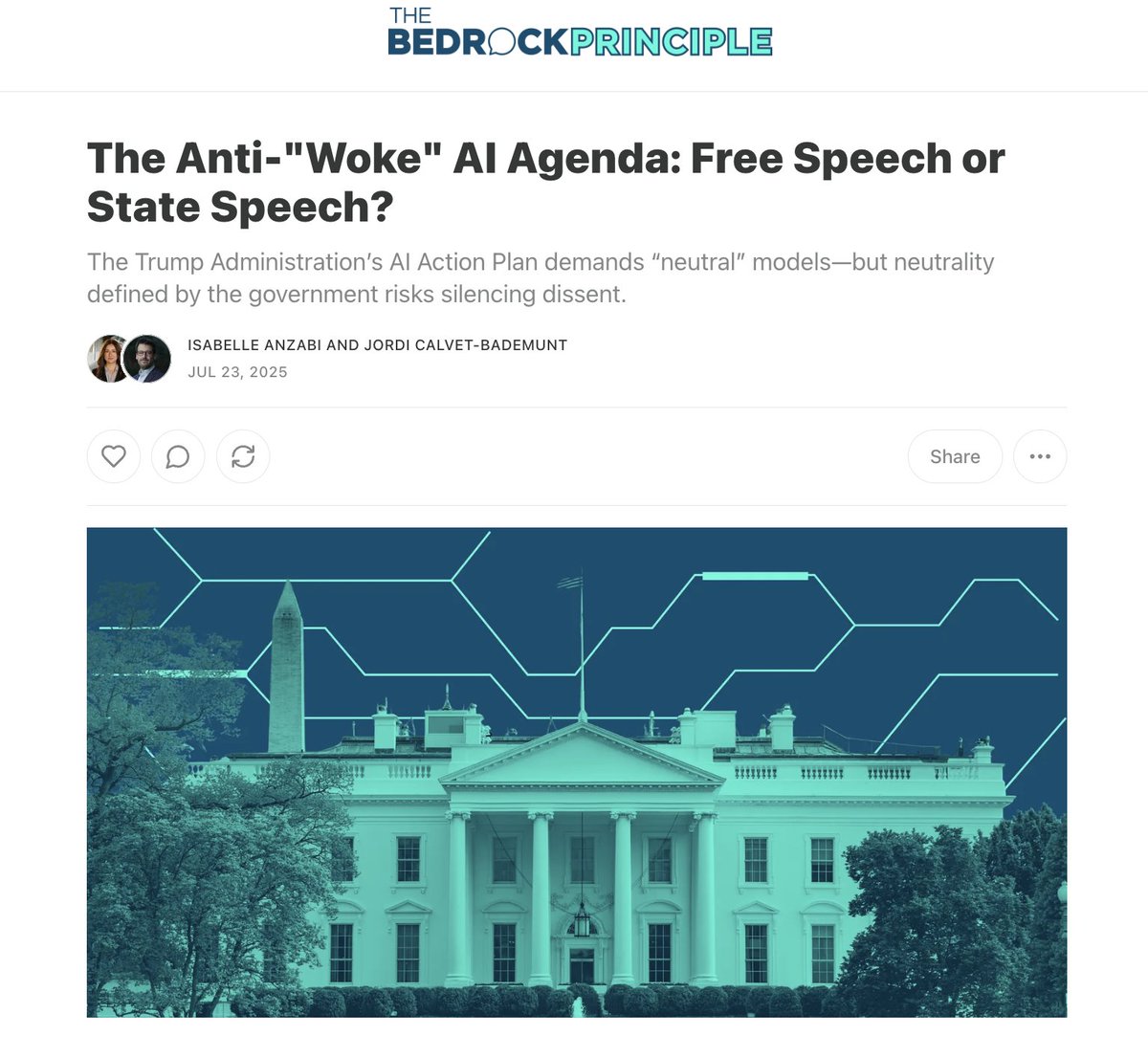 The Future of Free Speech (@speechfuture) on Twitter photo At first glance, the Trump Admin's AI Action Plan appears to champion free expression. But in practice, it could risk distorting the information ecosystem it seeks to safeguard.
Our thoughts on the #AIActionPlan from Isabelle Anzabi and <a href="/Jordicalbad/">Jordi Calvet</a>: At first glance, the Trump Admin's AI Action Plan appears to champion free expression. But in practice, it could risk distorting the information ecosystem it seeks to safeguard.
Our thoughts on the #AIActionPlan from Isabelle Anzabi and <a href="/Jordicalbad/">Jordi Calvet</a>: