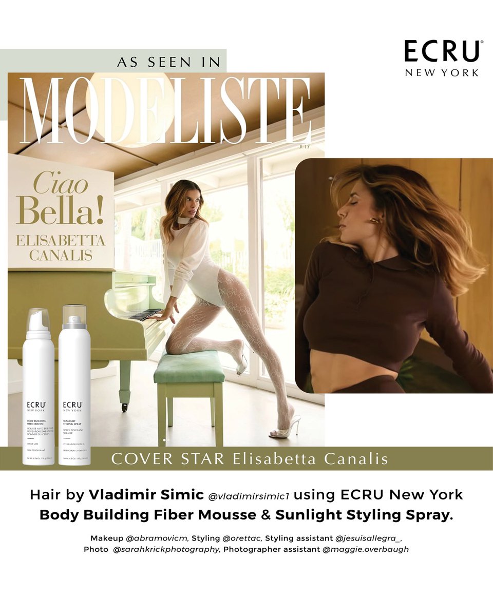 ECRUNewYork's tweet photo. MODELISTE July cover star Elisabetta Canalis! Hair by Vladimir Simic using Body Building Fiber Mousse, Sunlight Styling Spray. 
Available at https://t.co/69iqA65cPX
#hairfashion #fashionmagazine #hairdresser #hairstyling #ecrunewyork https://t.co/ZrB1YcqliH