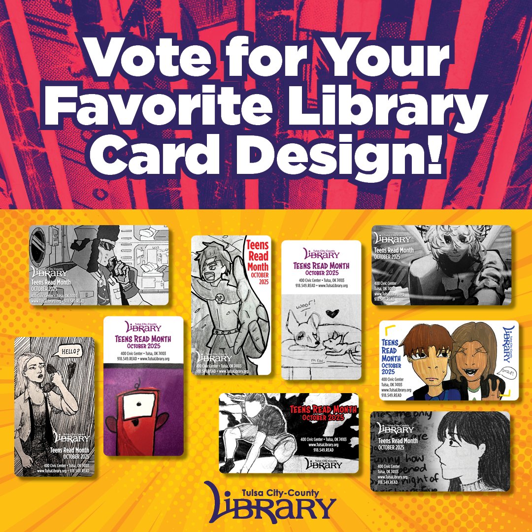 tulsalibrary's tweet image. Check out the winning Comix designs from the Young People’s Creative Writing Contest and cast your vote for a limited-edition library card at any of our 24 branch libraries or the Bookmobile during the Summer Reading Program. 📚