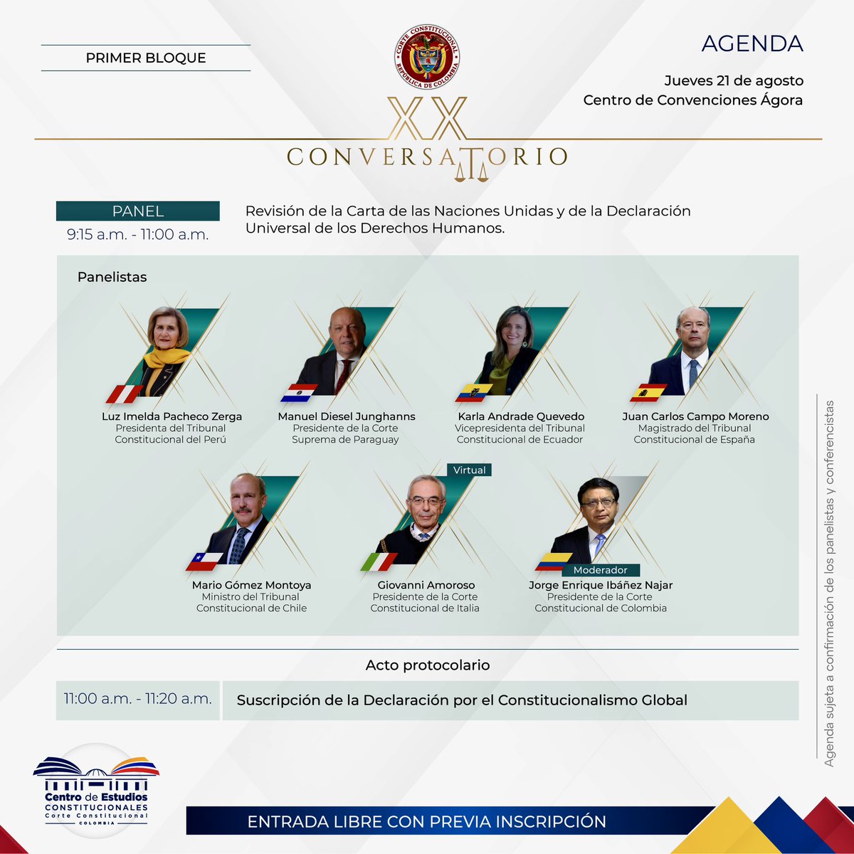 CConstitucional's tweet image. Conoce quiénes participaran en el primer bloque del #XXConversatorio
Entrada libre (sin ningún costo), aquí ➡️ eventos.corteconstitucional.gov.co/#/XX-Conversat…
Conferencia por Luigi Ferrajoli
✍🏿Suscripción de la Declaración por el
Constitucionalismo Global
📆 21 y 22 agosto/25
📍Ágora - Bogotá,D.C.