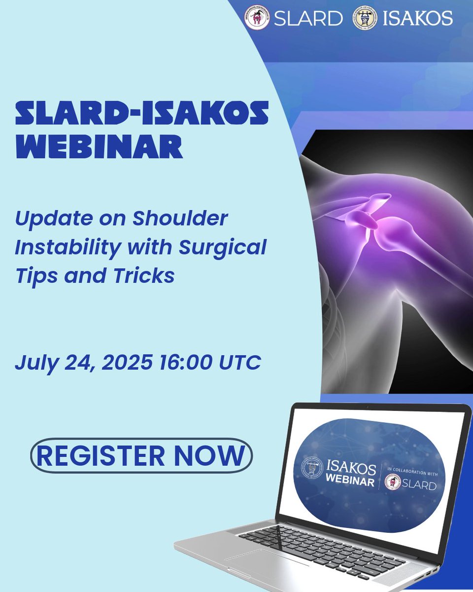 📣 TOMORROW! Joint Webinar: SLARD x ISAKOS

🔗 Register now &amp; get more info: isakos.com/webinars
🎧 Don’t miss it — join live and level up your skills!
#ISAKOS #SLARD #Orthopaedics #SportsMedicine #ShoulderSurgery #Webinar #GlobalExperts