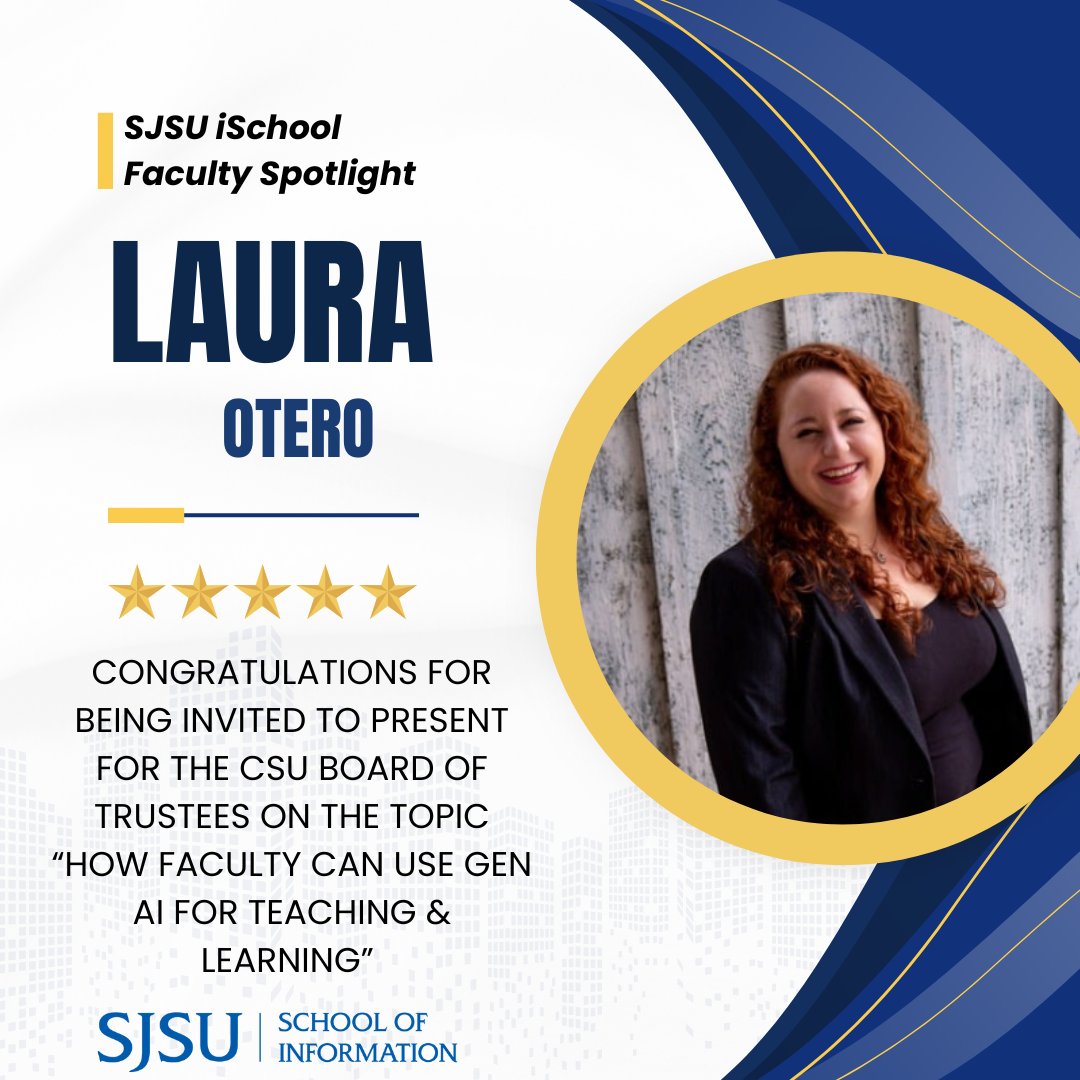 SJSUiSchool's tweet photo. Congrats to Dr. Laura Otero, iSchool Assistant Professor &amp; MSIDT Program Coordinator, on presenting to the CSU Board of Trustees with Dr. Leslie Kennedy (CSU Office of the Chancellor) on using generative AI in teaching and learning! https://t.co/aeXD57FV3K