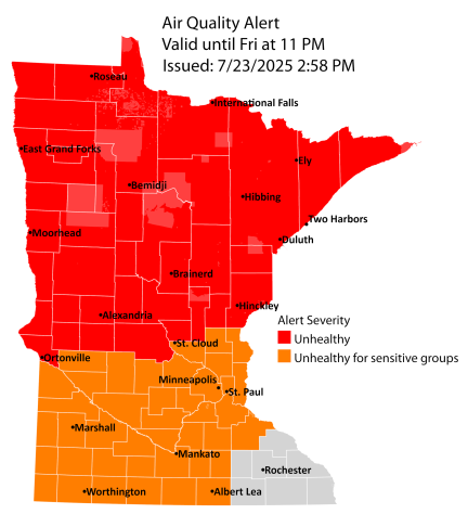 MarcTwinCities's tweet image. Bad news, wildfire smoke coming back to Minnesota again, northern half of the State will get the worst of it. Air Quality alert until Friday night
