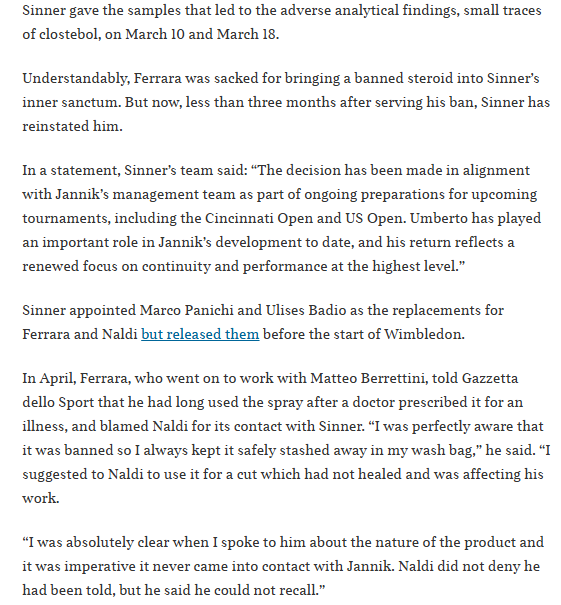 CristinaNcl's tweet image. Jannik Sinner rehires fitness coach he sacked after positive drugs test
the decision by Sinner to now reinstate Ferrara is sure to raise eyebrows given his apparent recklessness.
(The Times)
thetimes.com/sport/tennis/a…