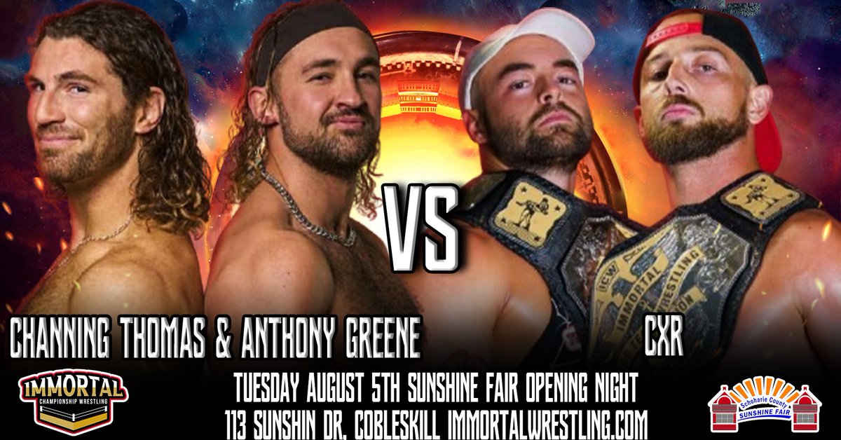 ImmortalCW's tweet image. At #ImmortalThings6, you saw them put on a bonafided Match of The Year contender against Miracle Generation and at #FuryAtTheFairgrounds #ICW Tag Team Champions CXR are signed to defend thier titles against the team of Anthony Greene &amp;amp; Channing Thomas!