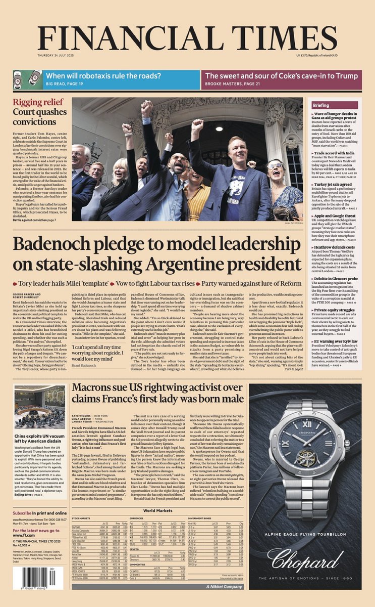 "BADENOCH PLEDGE TO MODEL LEADERSHIP ON STATE-SLASHING ARGENTINE PRESIDENT"
<a href="/GeorgeWParker/">George Parker</a> / @RobertShrimsley for <a href="/FT/">Financial Times</a>.

Tory Leader <a href="/KemiBadenoch/">Kemi Badenoch</a> says she's UK's chainsaw-wielding #JavierMilei.

Full Story: t.ly/IBTAW

#FinancialTimes
#TomorrowsPapersToday
#IBPAPERS