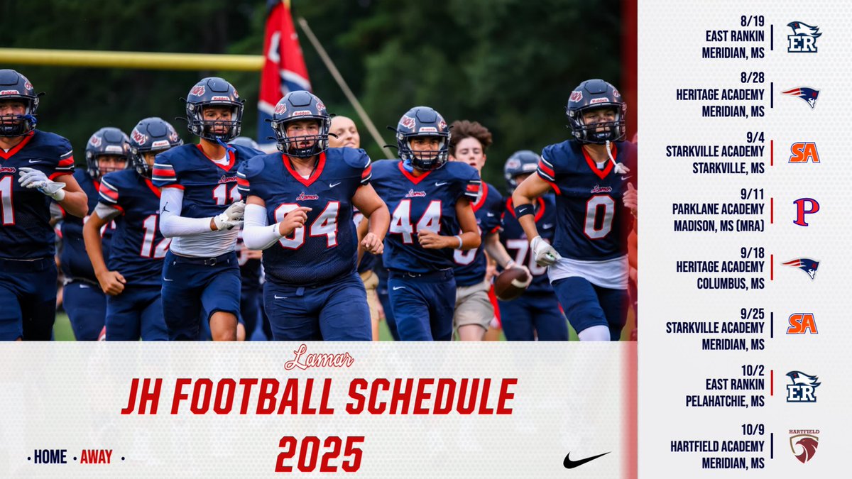 LamarSchool_fb's tweet image. Junior High football is 27 days away!
1️⃣ First game vs East Rankin on Tuesday, August 19th at Grey Cobb Field
➕ Added a game vs Parklane Academy on September 9th that will be played at MRA
#WeAreLamar