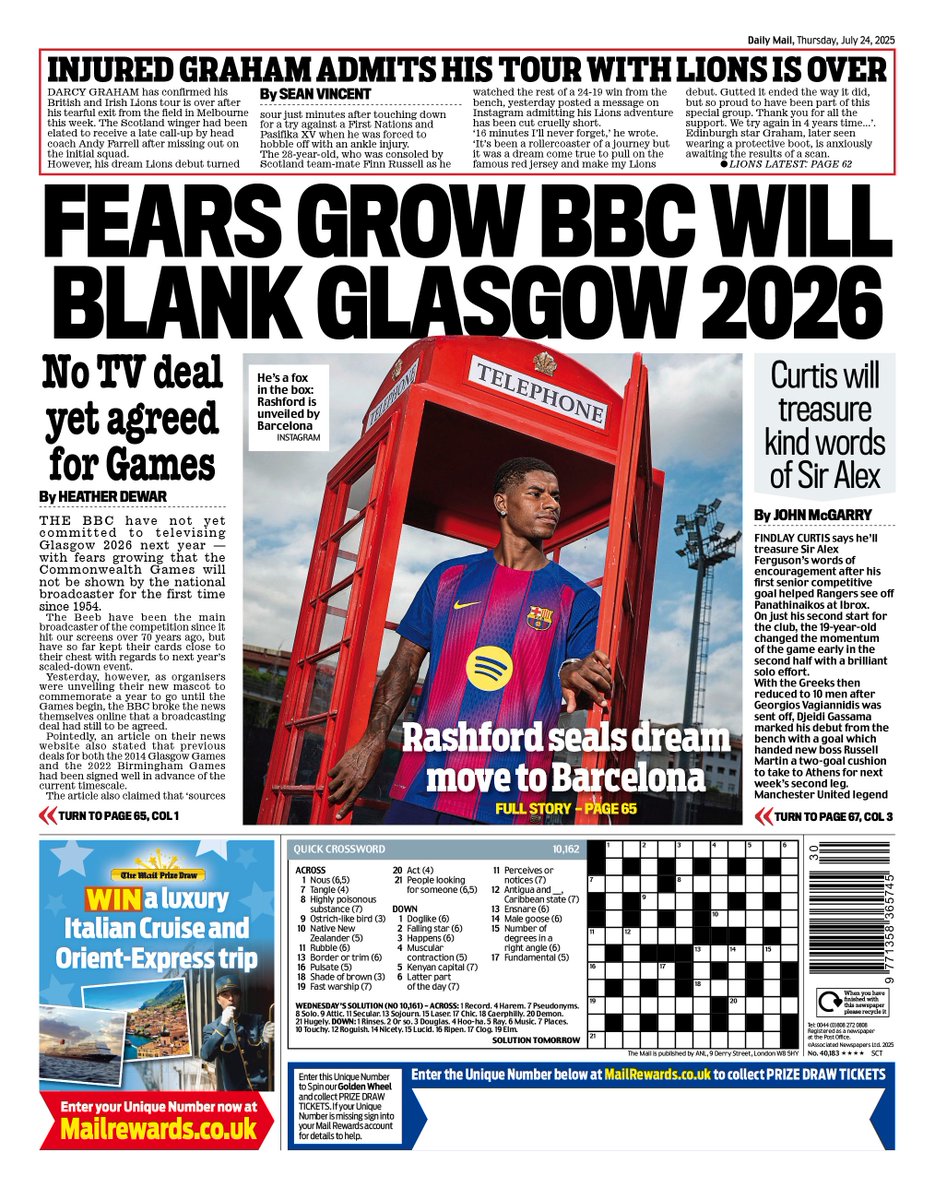 MailOnlineScot's tweet image. 🗞️ Thursday's Scottish Daily Mail back page: Fears grow BBC will blank Glasgow 2026
#TomorrowsPapersToday #scotpapers
👉 Read more on #MailOnline dailymail.co.uk/scotland