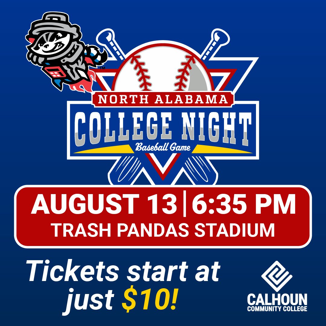 CalhounCollege's tweet image. ⚾ATTN: CALHOUN STUDENTS, ALUMNI, AND WARHAWK FANS! Calhoun is excited to sponsor the upcoming North Alabama College Night Baseball game at the Trash Pandas Stadium! Join us for an evening of baseball, Warhawk Pride, and community fun! Get your tickets at: calhoun.edu/TPcollegenight