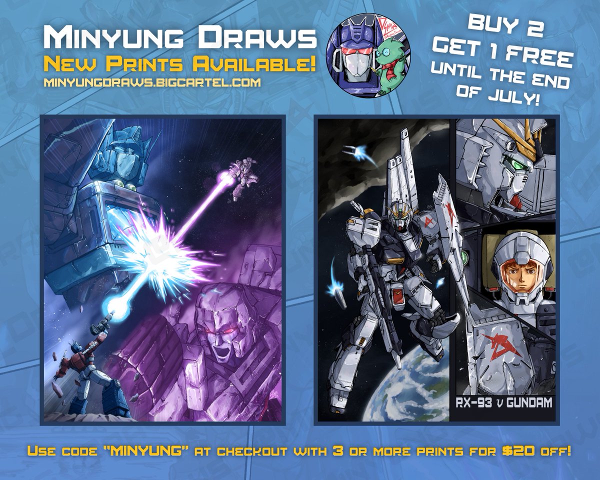 Minyung_Draws's tweet image. My new “Beam Struggle” and “Nu Gundam” prints are available NOW! 😁

Also, from now until the end of July you can use code “MINYUNG” to get a FREE poster if you have 3 or more in your cart!

Get ‘em fast :D