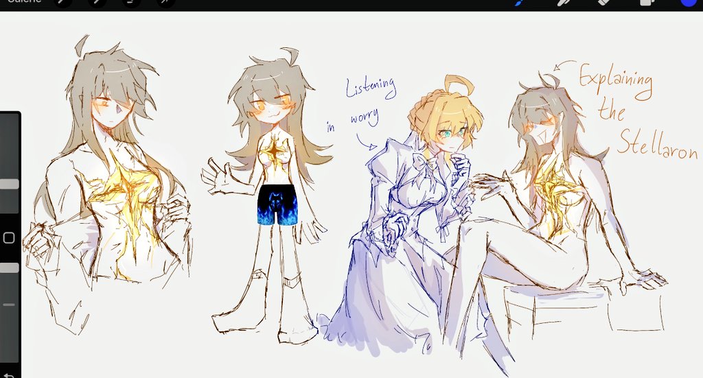 CaitoAyu's tweet image. Saber being shown the Stellaron in Stelle&apos;s Chest, idk this concept just somehow hit me hard on the head, enjoy